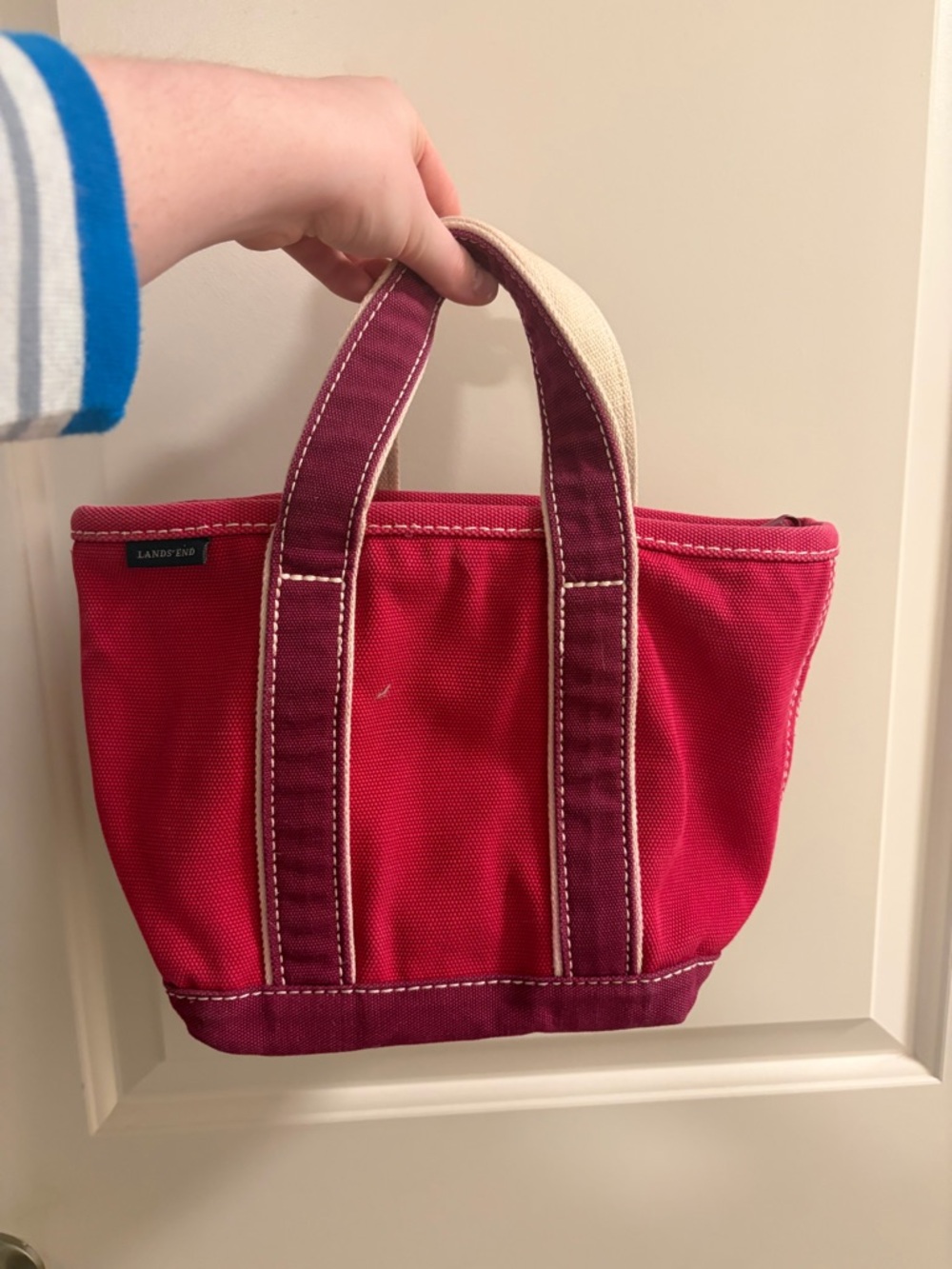 Lands' End Raspberry Canvas Mini Tote with Cream Handles